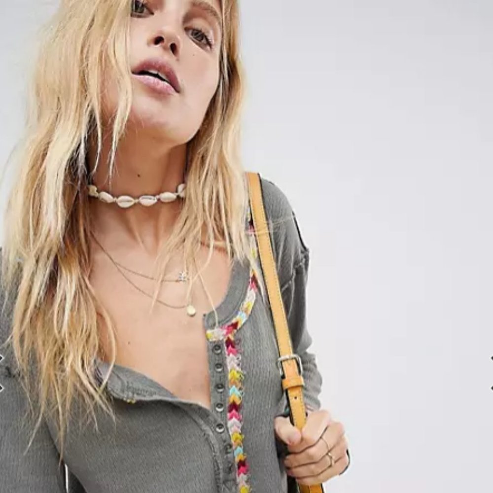 Free People Rainbow Trim Thermal Sweater Henley M $68 Urban Streetwear Grey
